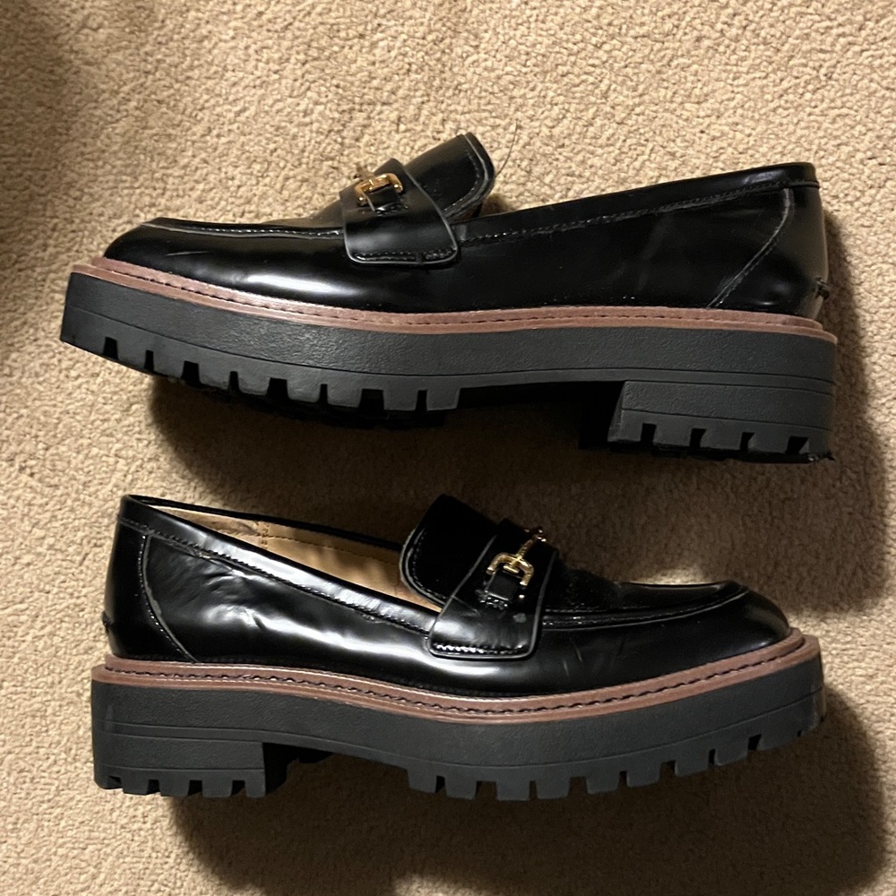 Sam Edelman Chunky Black Loafers with Gold Buckle - Picture 3 of 5
